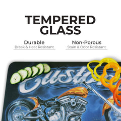 custom motorcycles glass cutting board