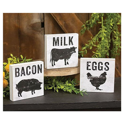Bacon Eggs and Milk Wooden Block Signs