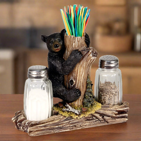 Demdaco Black Bear Friends Resin Salt and Pepper Shakers and Toothpick  Holder