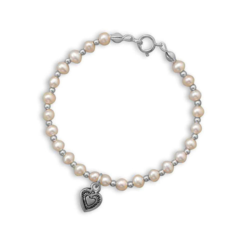 Cultured Freshwater Pearl and Silver Beaded Heart Bracelet