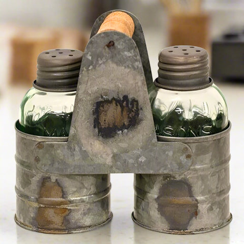 Salt and Pepper Shakers with Galvanized Caddy