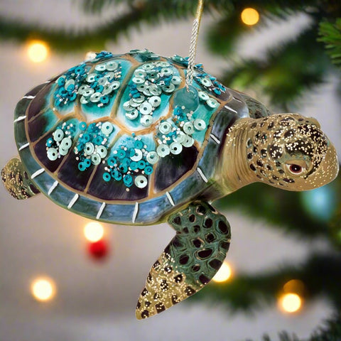 Turquoise Sea Turtle Glass Ornament