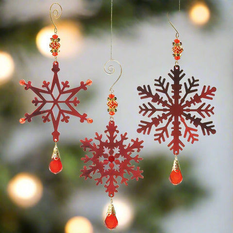 Vintage Beaded Metal Snowflake Christmas Ornaments