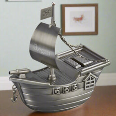 brushed pewter pirate ship bank