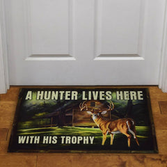 a hunter lives here with his trophy deer door mat