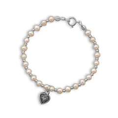 cultured freshwater pearl and silver beaded heart bracelet