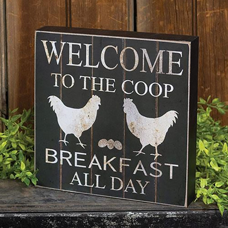 welcome to the coop breakfast all day box sign