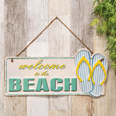 welcome to the beach flip flops hanging sign