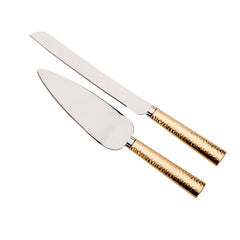 golden hammered handle cake knife and server