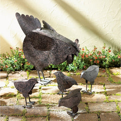 metal chicken family sculptures