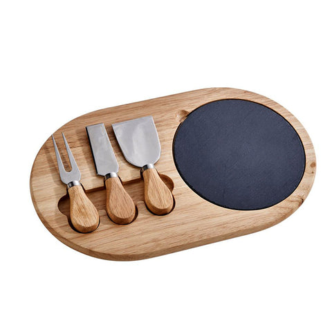 4 Pc Slate and Wooden Cheeseboard with Utensils
