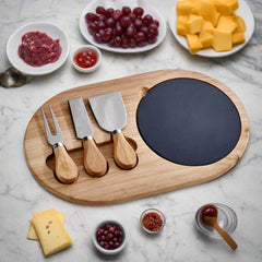 4 pc slate and wooden cheeseboard with utensils