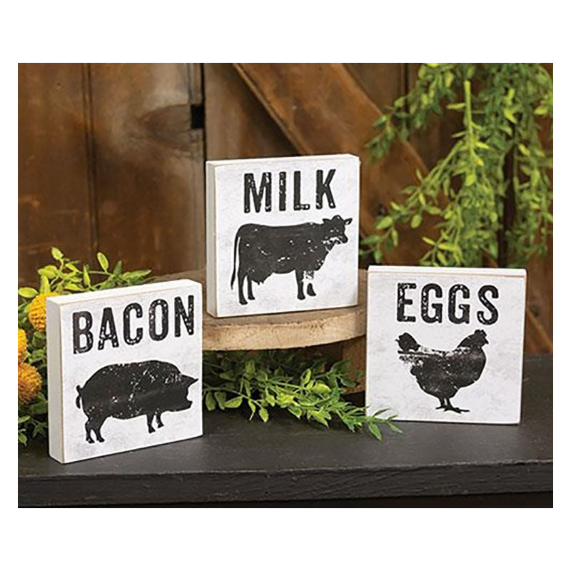 bacon eggs and milk wooden block signs