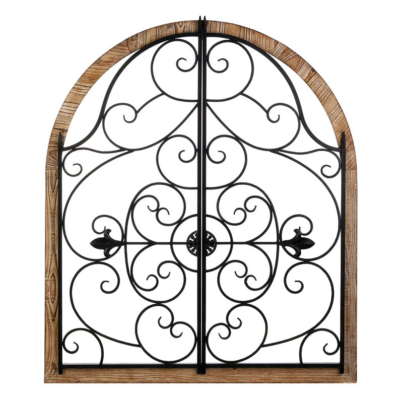 arched iron and wood wall decor