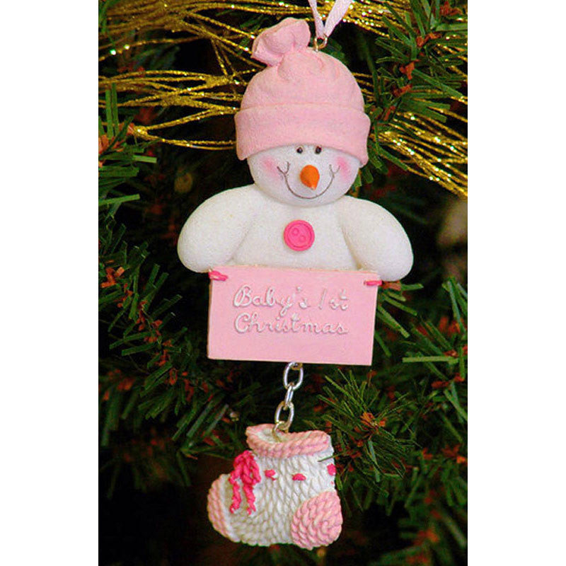 baby's first christmas ornament snowman - pink