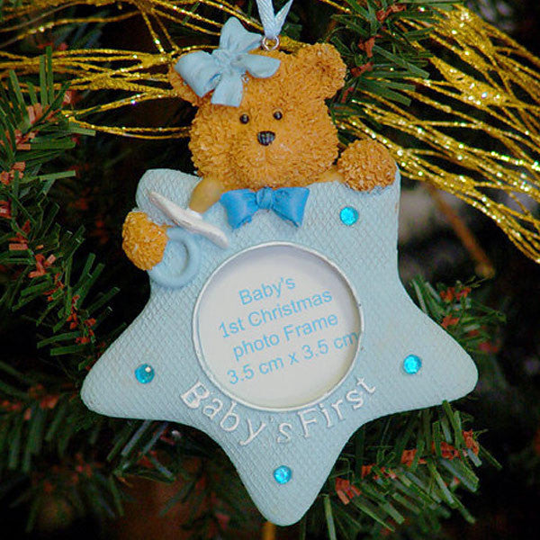 baby's first christmas teddy bear star ornament - blue