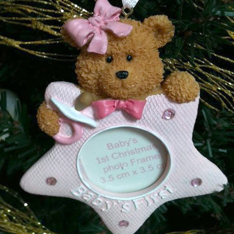 Baby's First Christmas Teddy Bear Star Ornament - Pink