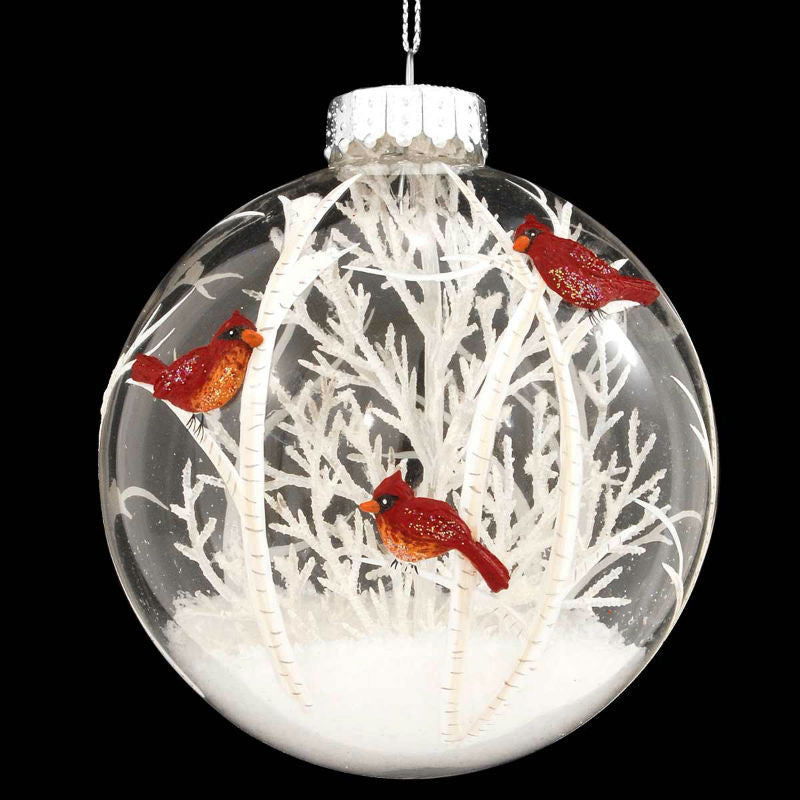 cardinals scene with white tree glass ornament