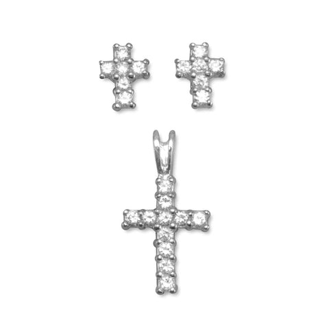CZ Cross Earrings & Pendant Set