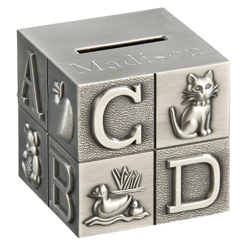 large pewter baby's building block bank