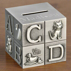 large pewter baby's building block bank