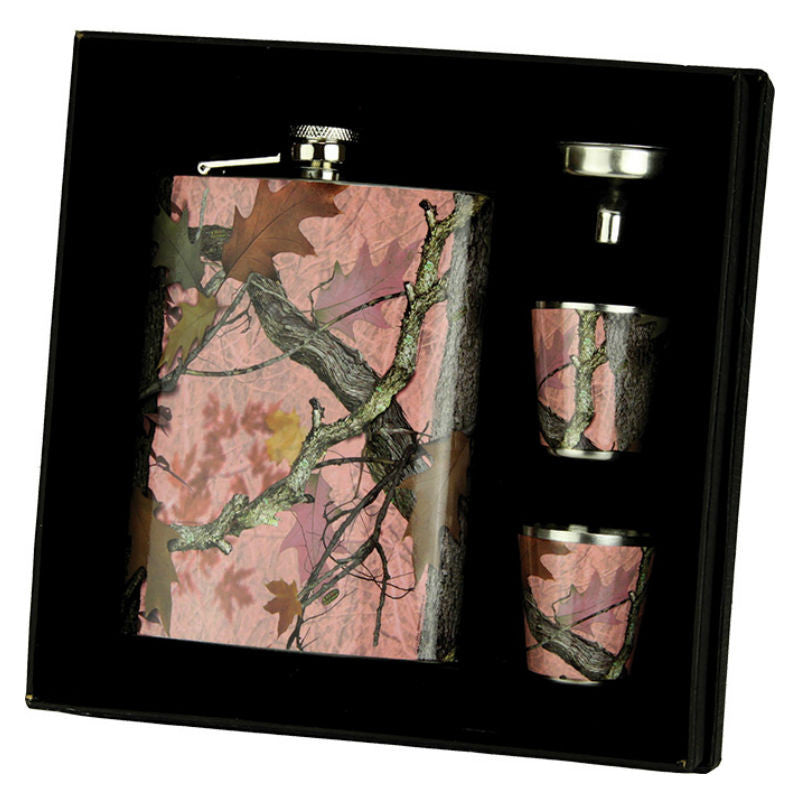 pink camouflage hip flask & shot glasses