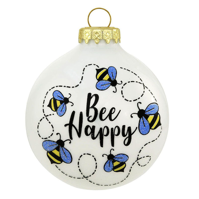 swirling bee happy glass ornament