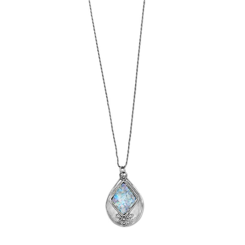 textured ancient roman glass diamond drop necklace