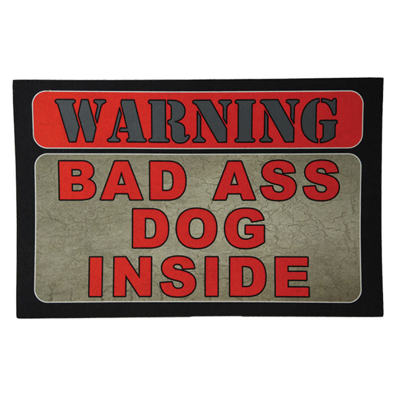 warning dog inside door mat