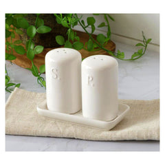 white cottage stoneware co. ceramic salt and pepper shakers with tray